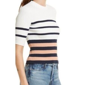 Frame Ribbed Short Sleeve Striped Pullover Sweater in Pink Clay Multi Size XS